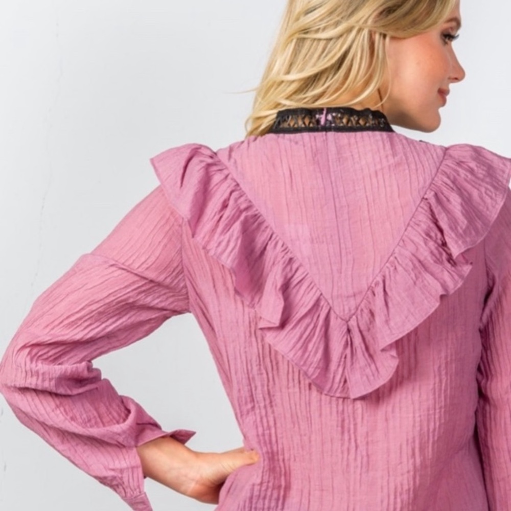 Raspberry RUFFLE Puff Sleeve Blouse pink black - Picture 2 of 5